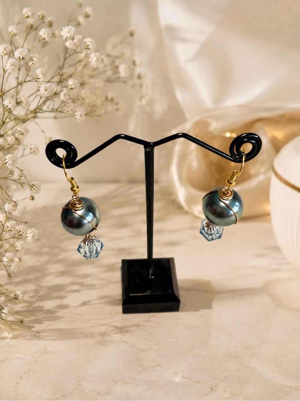 Gold-Tone Blue Pearl Drop Earrings with Crystal Accent
